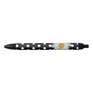 Black Chic White Polka Dots Fun Daisy Custom Pen