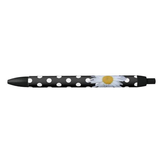 Black Chic White Polka Dots Fun Daisy Custom Pen (Front)