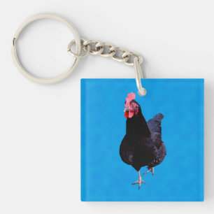 Black Chicken On Sponged Blue Background, Keychain