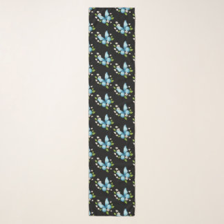 black chiffon scarf with blue butterfly pattern