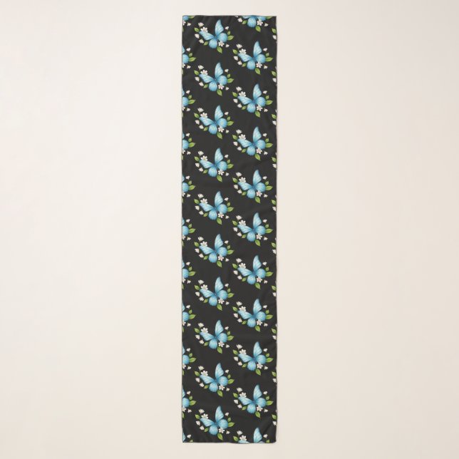 black chiffon scarf with blue butterfly pattern (Front)