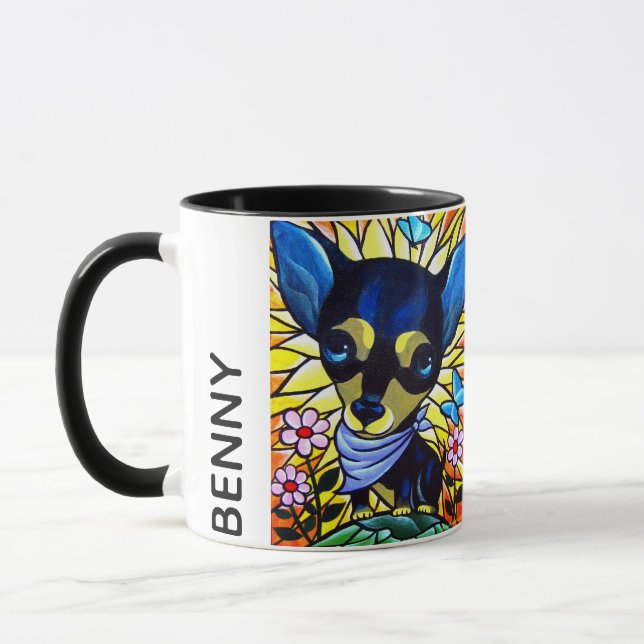 Black Chihuahua Dog Cartoon Art Personalized Name Mug (Left)