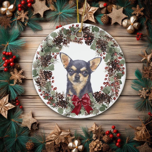 Black Chihuahua Dog Pinecone Wreath Personalized  Ceramic Ornament (Creator Uploaded)