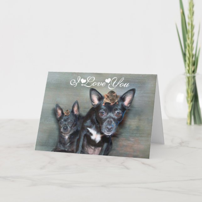 Black Chihuahua Dog with Mouse I Love You Card (Front)
