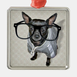 Black Chihuahua with Glasses Photo Metal Ornament