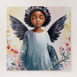 Black Child Angel Floral Art Jigsaw Puzzle