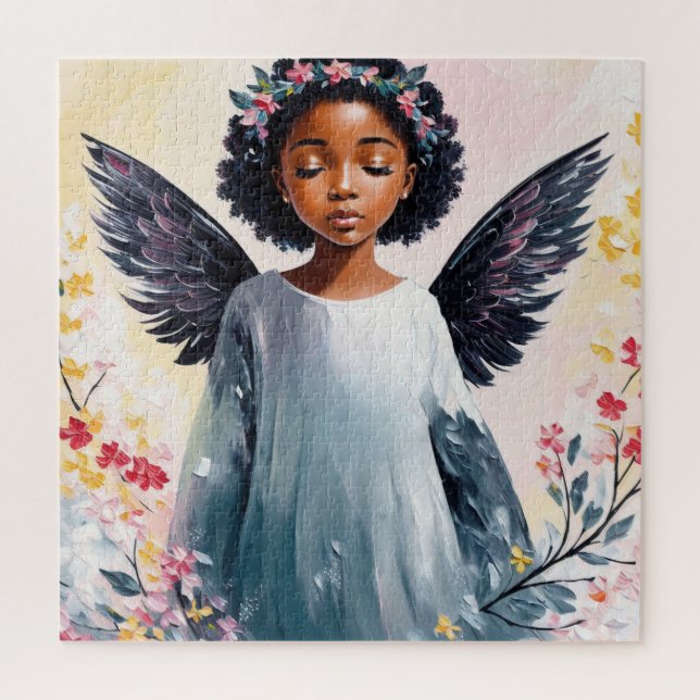 Black Child Angel Floral Art Jigsaw Puzzle (Vertical)