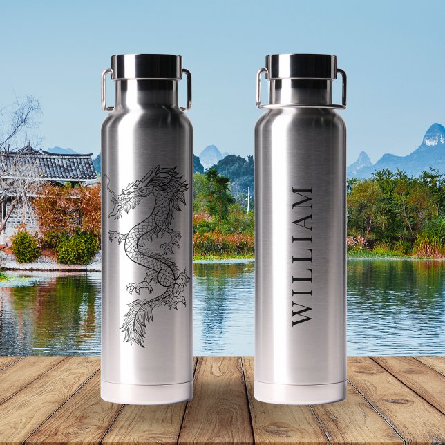 Black Chinese Dragon Personalized Water Bottle (Creator Uploaded)