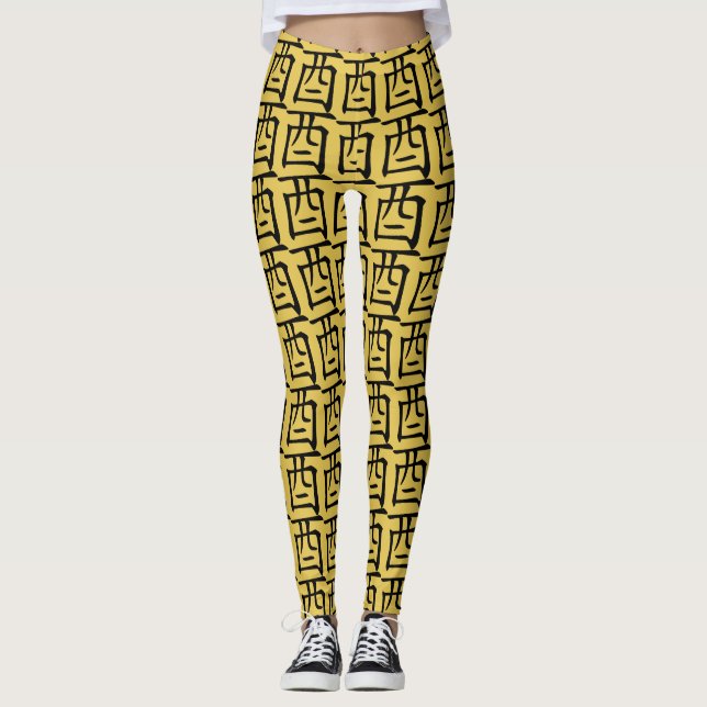 Black Chinese Symbol Ideogram Rooster Zodiac  WL Leggings (Front)