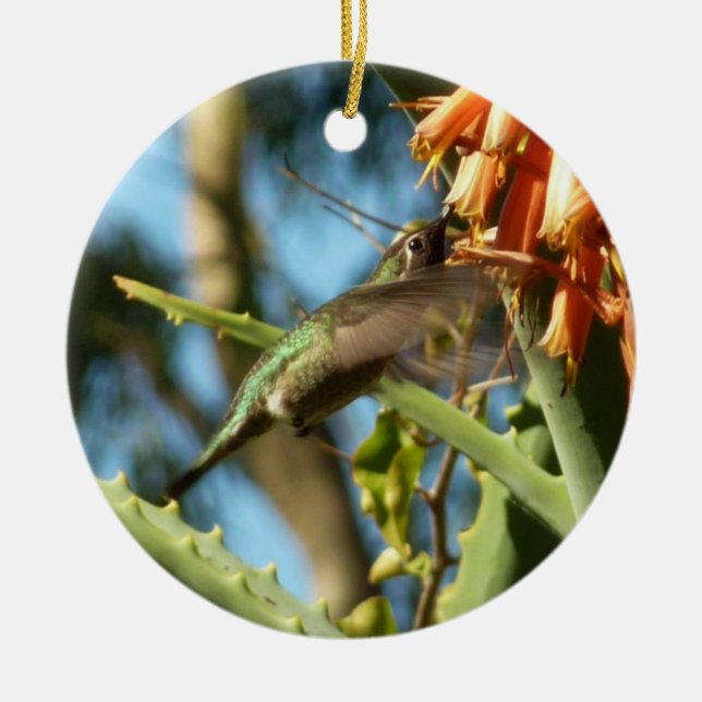 Black-Chinned Hummingbird in Flight Ceramic Ornament (Front)