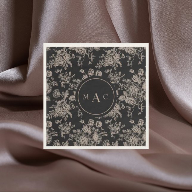 Black Chinoiserie Monogram Wedding Cocktail Napkins (Creator Uploaded)