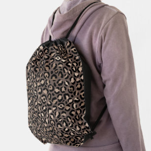 Black Chocolate Brown Bronze Leopard Print Drawstring Bag