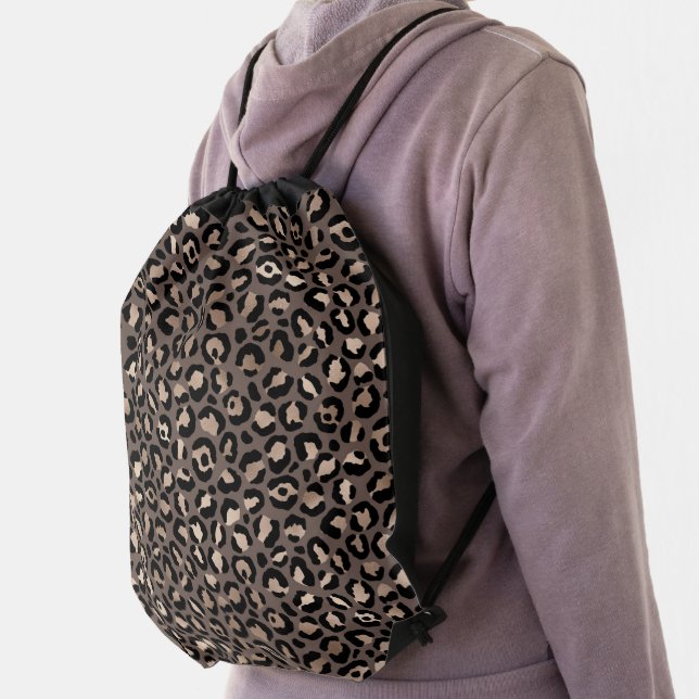 Black Chocolate Brown Bronze Leopard Print        Drawstring Bag (Insitu)