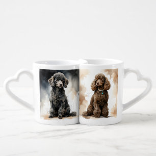 BLACK & CHOCOLATE CURLY HAIRED POODLE DOGS COFFEE MUG SET