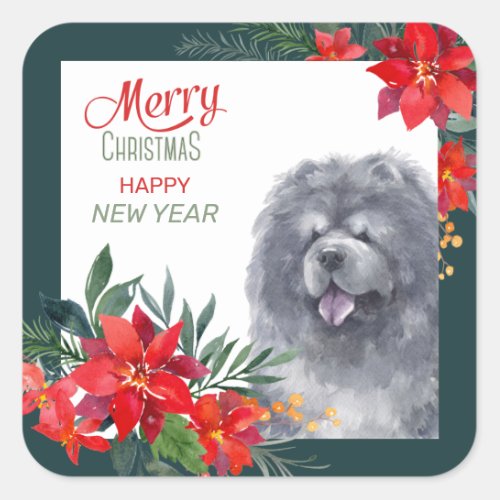 Black Chow Chow Dog Poinsettia Border Christmas Square Sticker