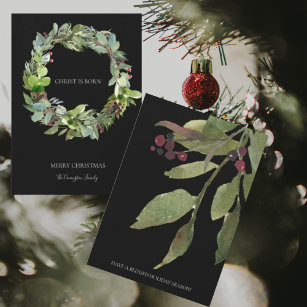 Black Christ is Born Christmas Wreath Family Name Holiday Card