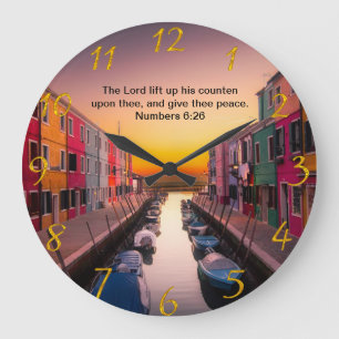 Black Christian Faith cross with Numbers 6:26  Large Clock