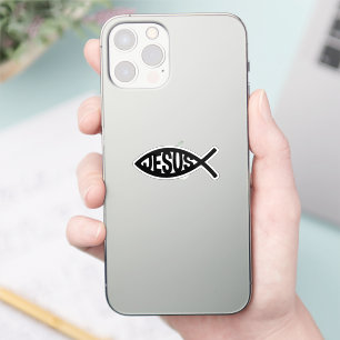 Black Christian Fish Symbol with Jesus Name Sticker