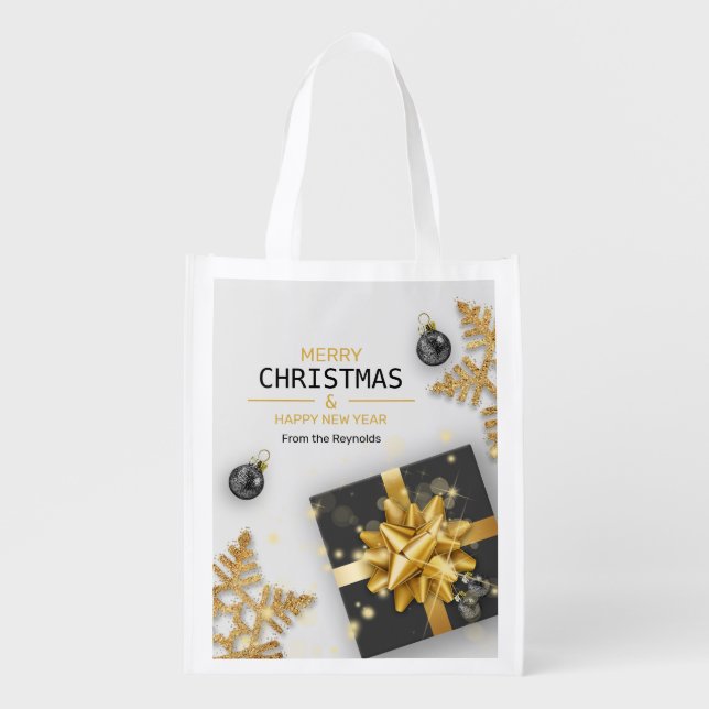 Black Christmas Balls Gift Box Gold Snowflakes Grocery Bag (Front)