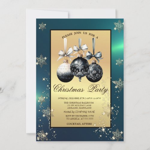 Black Christmas Balls Snowflakes Gold Party Invitation