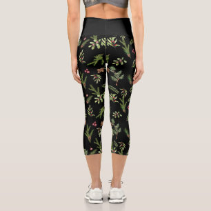 Black Christmas botanical elegant modern Capri Leggings