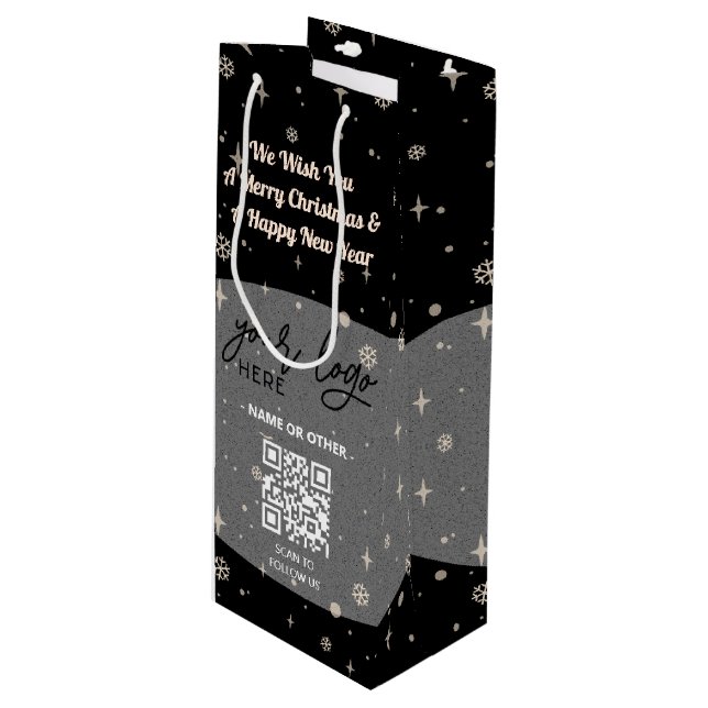 Black Christmas Business Logo QR code Snowflake Wine Gift Bag (Front Angled)