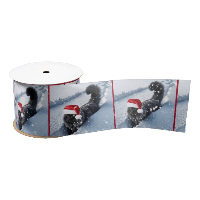 Black Christmas Cat In Deep Snow Satin Ribbon (Spool)