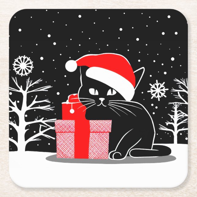 Black Christmas Cat Square Paper Coaster (Front)