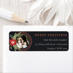 Black Christmas Circle Photo Poinsettia Address Label