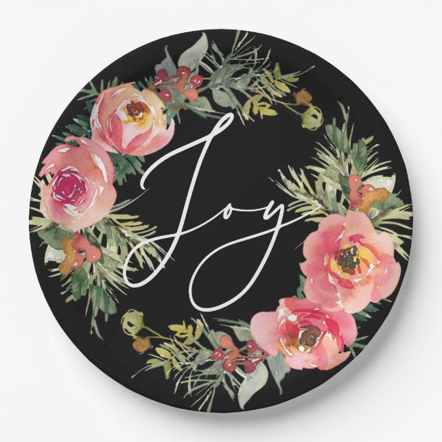 Black Christmas. Elegant Joy Script Floral Holiday Paper Plates (Front)