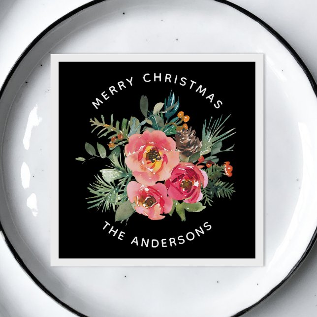 Black Christmas Floral & Pine. Dark Festive Winter Napkins (Creator Uploaded)