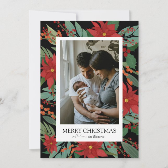 Black Christmas Flower Merry Christmas Card (Front)