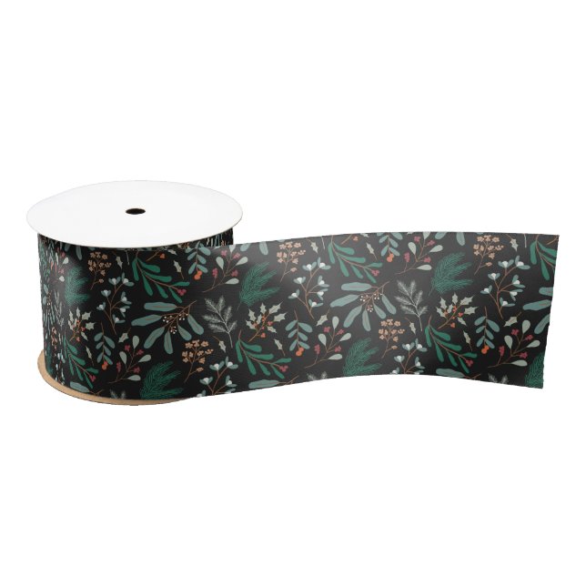 Black Christmas Foliage pattern Satin Ribbon (Spool)