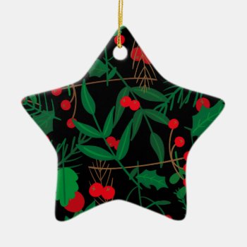 Black Christmas Holly Ceramic Ornament by funnychristmas at Zazzle