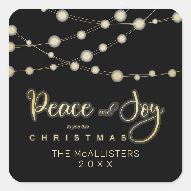 Black Christmas Light Peace & Joy Whimsical Script Square Sticker (Front)