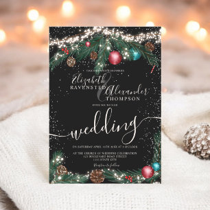 Black Christmas lights pine branch snow wedding Invitation