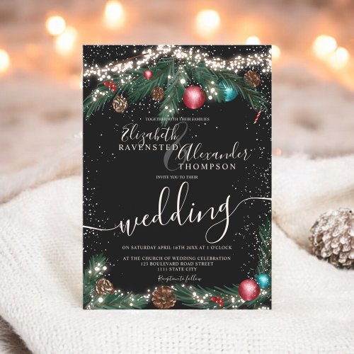 Black Christmas lights pine branch snow wedding Invitation