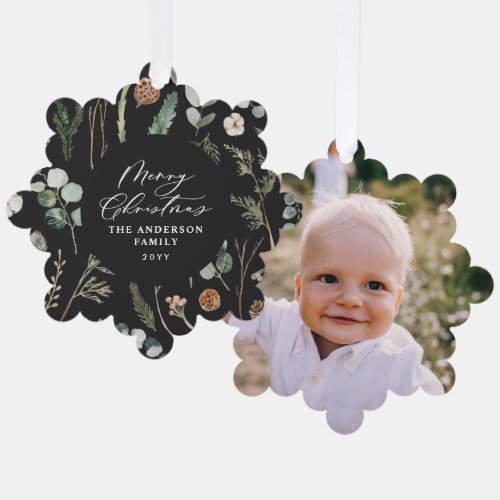 black Christmas minimal botanical photo Ornament Card