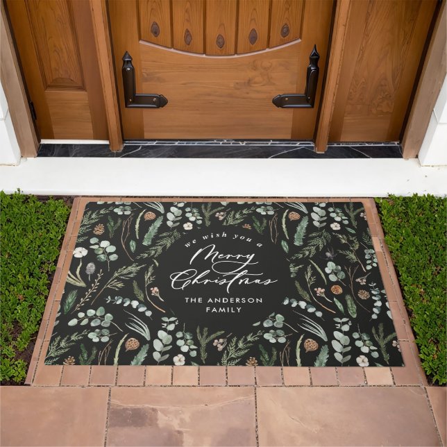 black Christmas minimal elegant botanical Doormat (Outdoor)