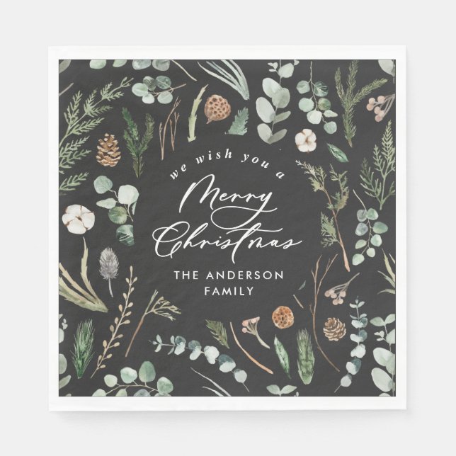 Black Christmas minimal elegant botanical photo Napkins (Front)