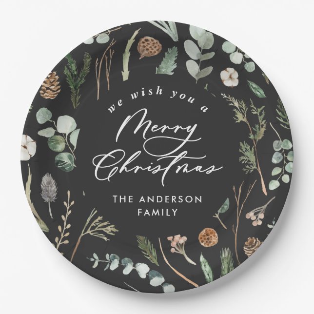 Black Christmas minimal elegant botanical photo Paper Plates (Front)