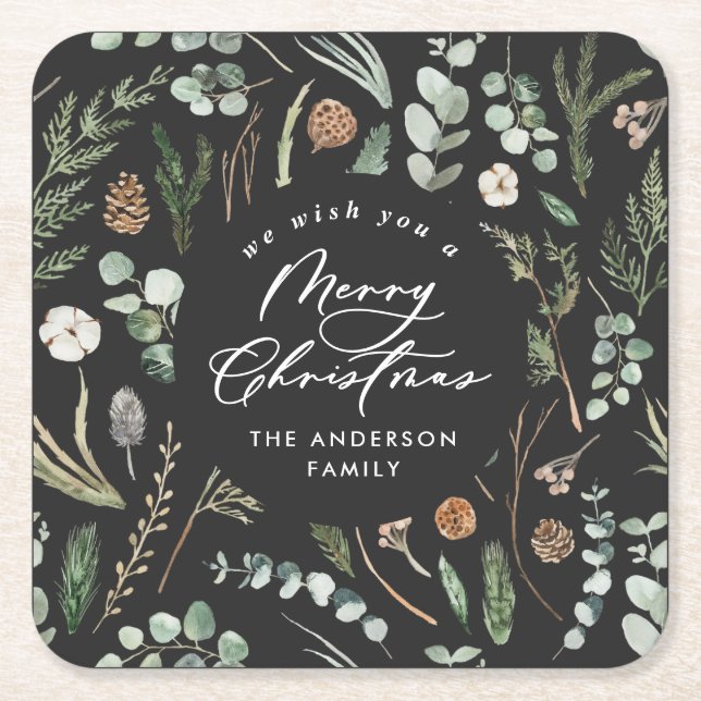 Black Christmas minimal elegant botanical  Square Paper Coaster (Front)