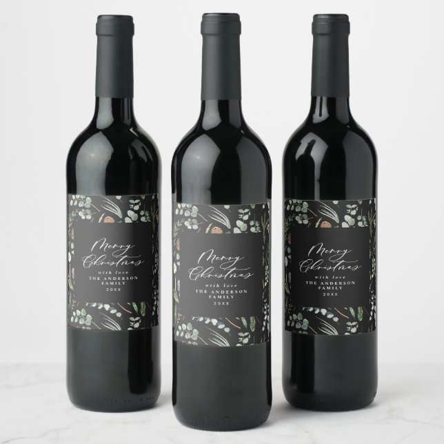 Black Christmas minimal elegant botanical Wine Label (Bottles)