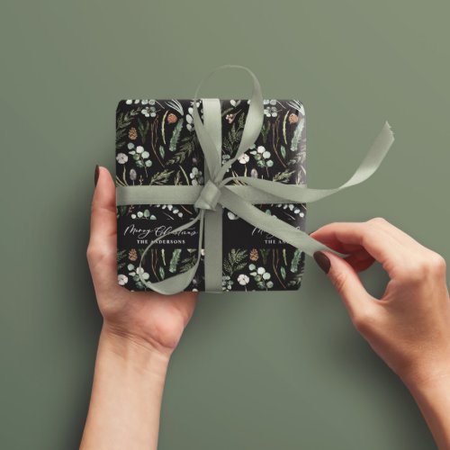 Black Christmas modern minimal botanical gift Wrapping Paper