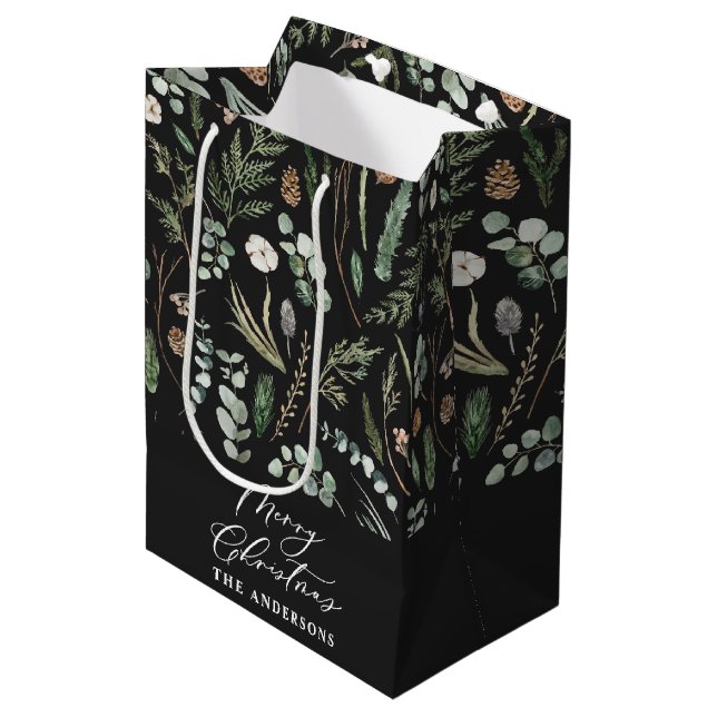 Black Christmas modern minimal botanical Medium Gift Bag (Front Angled)