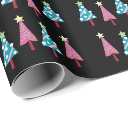  Black Christmas Pink  Blue Trees Wrapping Paper