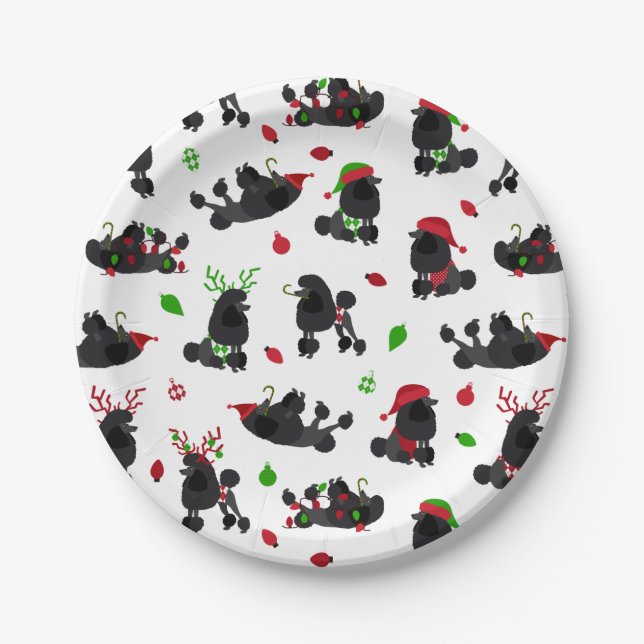Black Christmas Poodles White Paper Plates (Front)