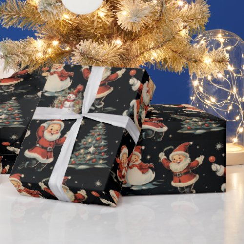 Black Christmas Santa Tree Snowman Wrapping Paper