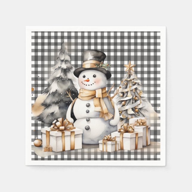 Black christmas snowman winter design napkins (Front)