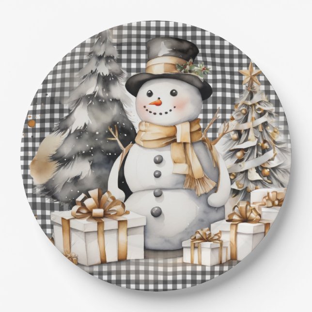 Black christmas snowman winter design paper plates (Front)